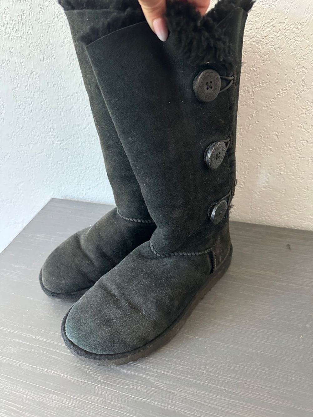 UGG Black Suede Button-Front Tall Shearling Boots